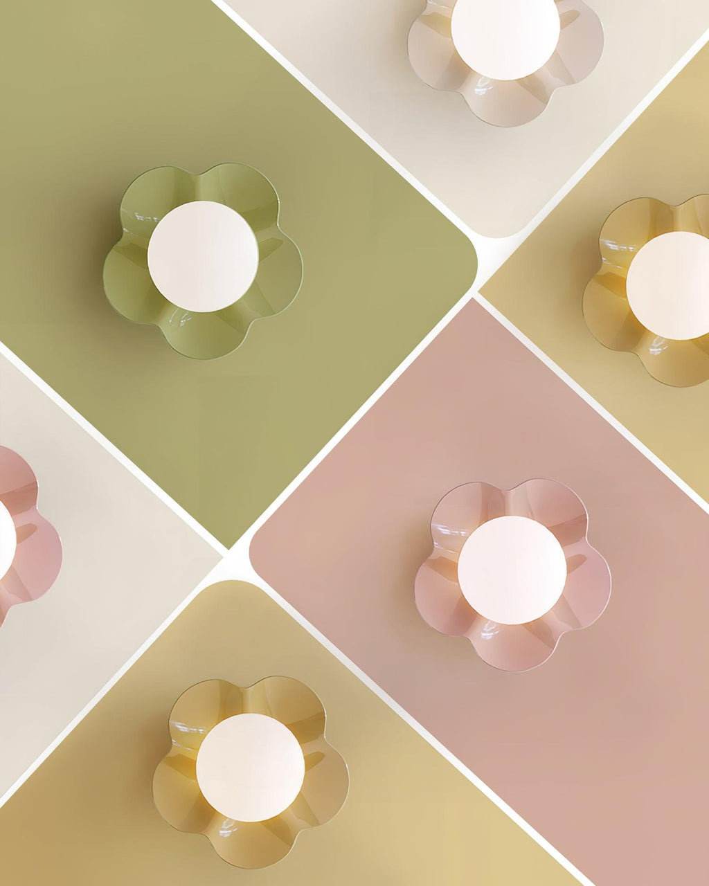 Four colour options of this Clérachic flower-shaped wall light shown on a diamond backdrop, including an olive-green and a tan version not sold here.