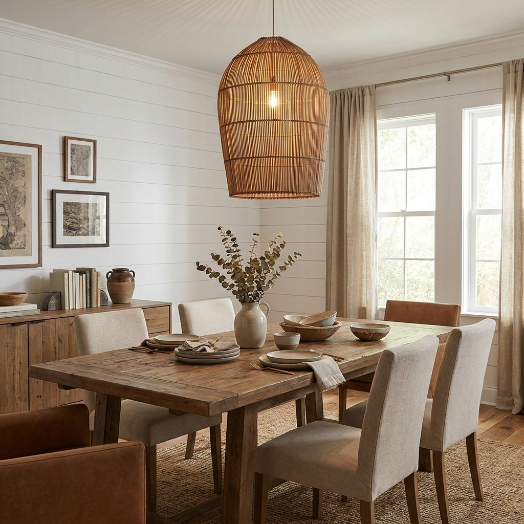 This Clérachic pendant hangs over a wood dining table set beneath a gallery of framed art, a leather chair at its head.
