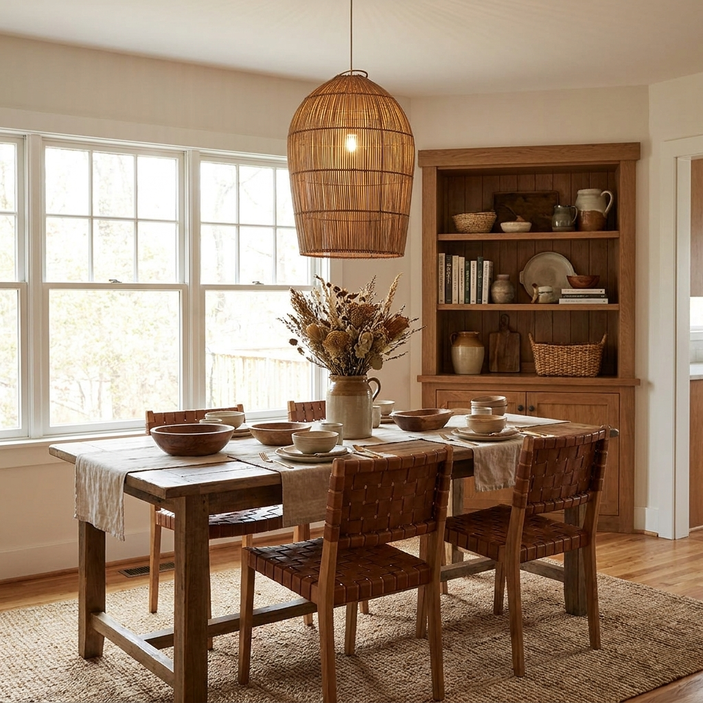 This Clérachic pendant hangs above a wood dining table with woven leather chairs, a wood hutch in the window-lit room behind.