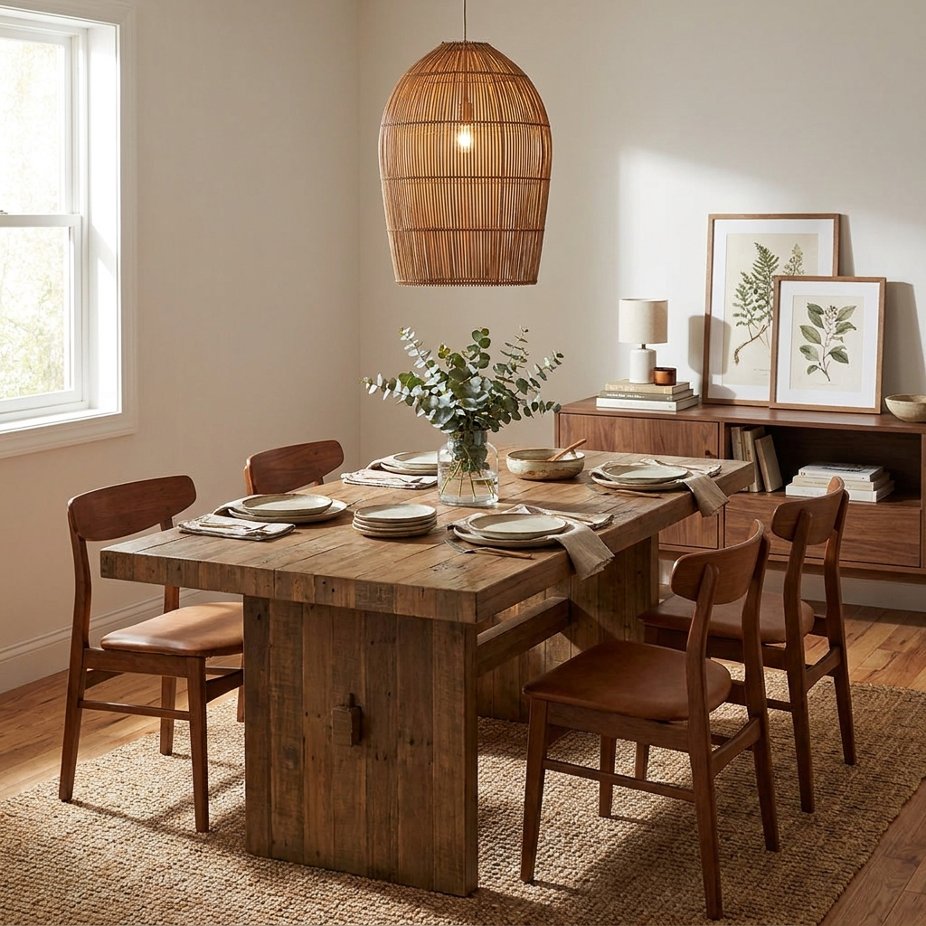 This Clérachic pendant hangs above a wood dining table with mixed wood and leather chairs, framed botanical prints behind.