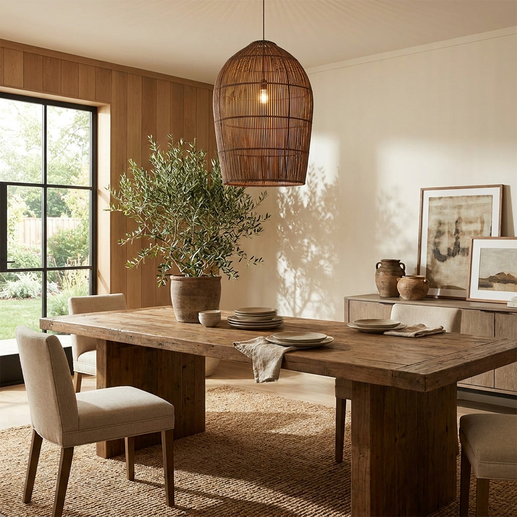 Near a black-framed window and a potted olive tree, this Clérachic pendant hangs above a wood dining table.