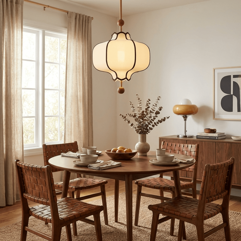 Walnut frame lantern pendant light with diffused fabric shade