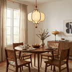 Walnut frame lantern pendant light with diffused fabric shade