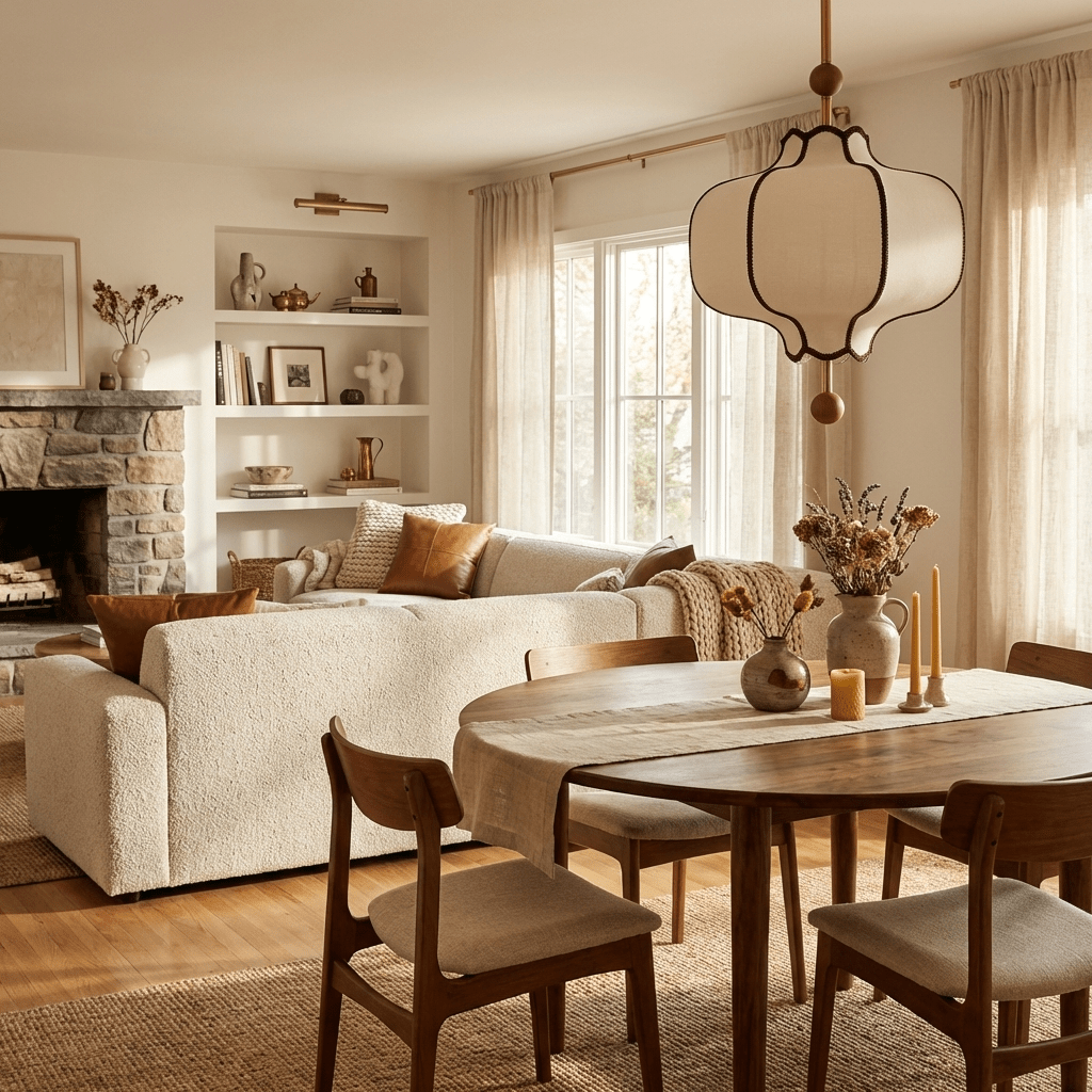White fabric pendant light detail showing the gold frame curves