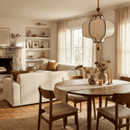 White fabric pendant light detail showing the gold frame curves
