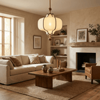 Gold-framed fabric pendant light casting a warm ambient glow