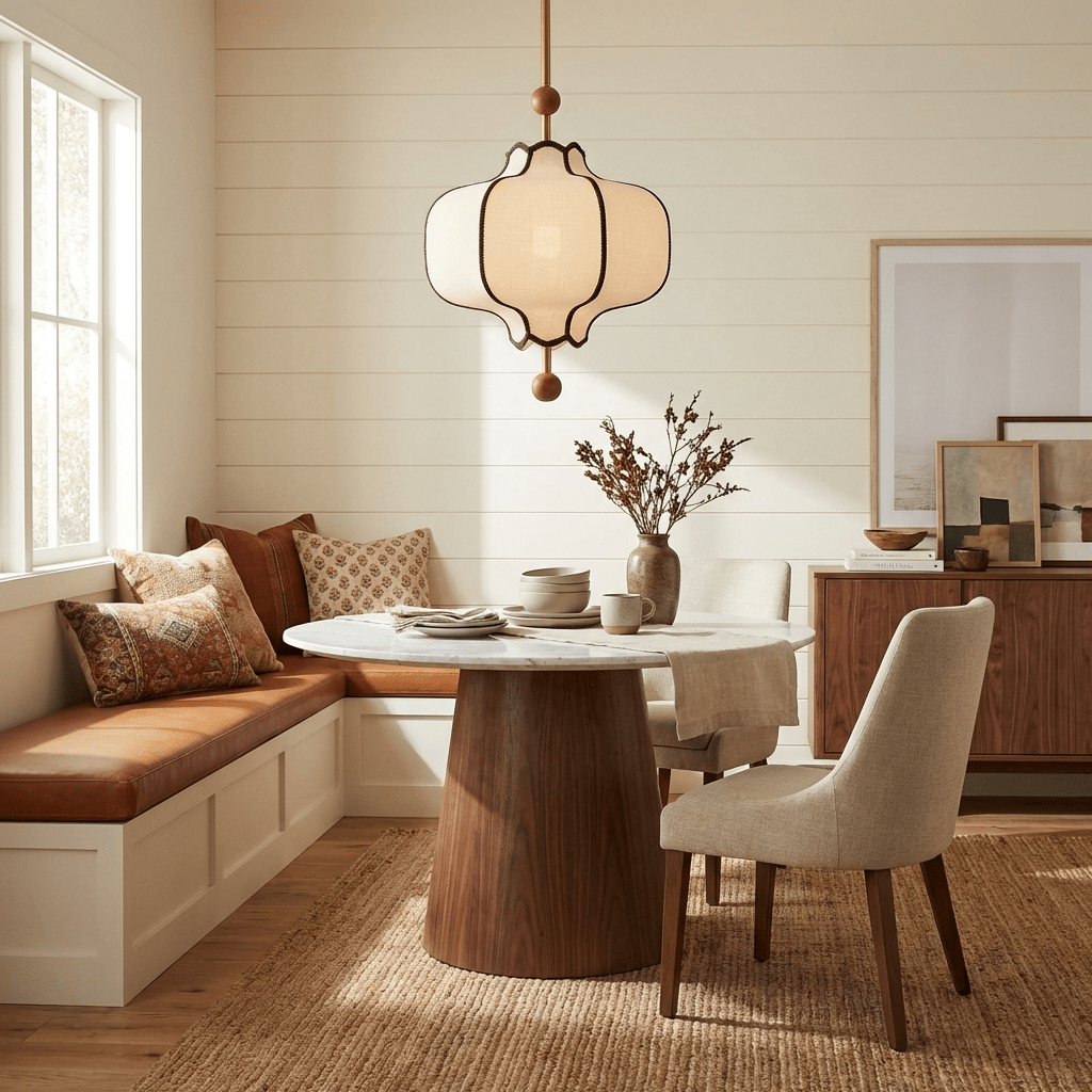 Lantern pendant light glowing warmly in a softly lit room