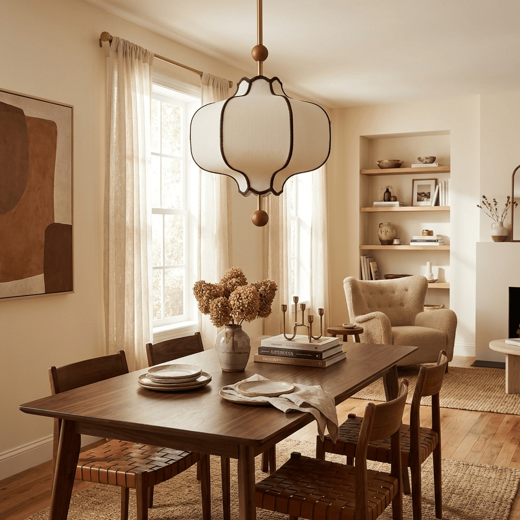 White lantern pendant light with gold frame over an entryway