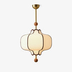 Lantern pendant light with walnut wood frame and fabric shade