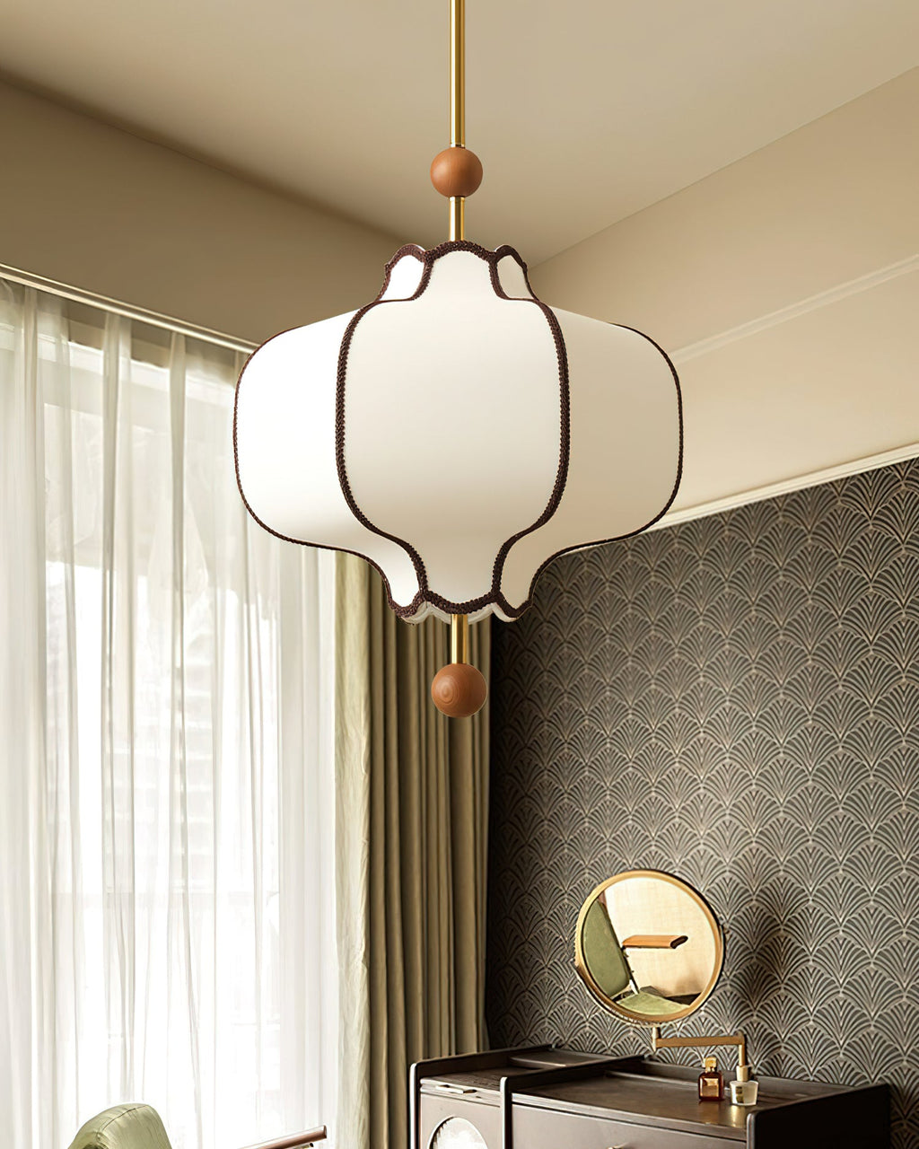 Walnut wood frame pendant light with white fabric lantern shade