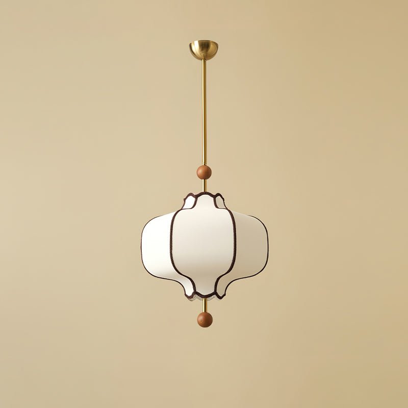 Lantern pendant light with white fabric shade and gold frame
