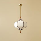 Lantern pendant light with white fabric shade and gold frame