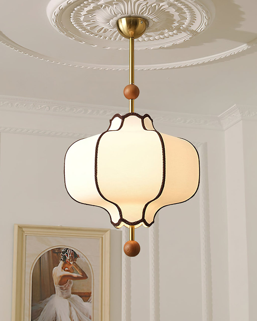 Lantern pendant light with white shade and walnut wood frame