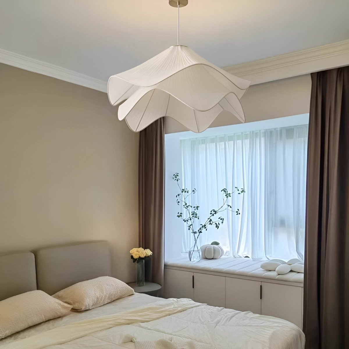 Taklampe med stoffskjerm, varm LED-omgivelsesbelysning for soverom