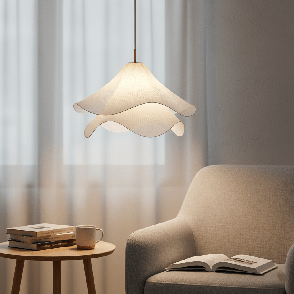 Taklampe med stoffskjerm, varm LED-omgivelsesbelysning for soverom