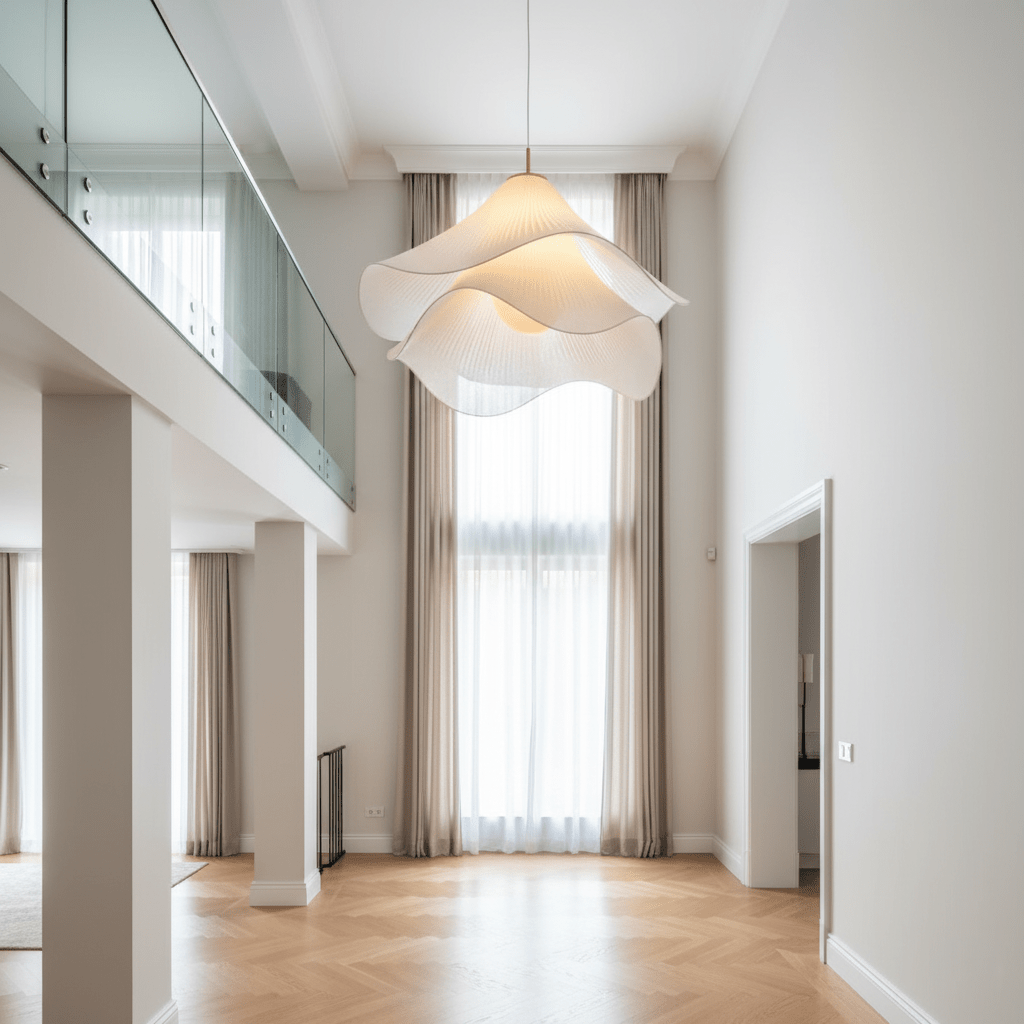 Taklampe med stoffskjerm, varm LED-omgivelsesbelysning for soverom