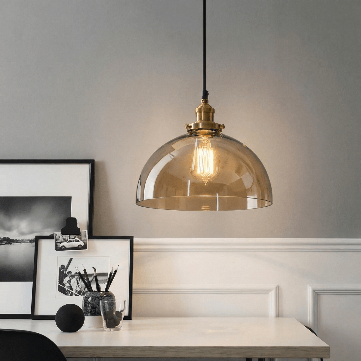 Stor glasskuppel pendellampe, vintage industriell kjøkkenlampe
