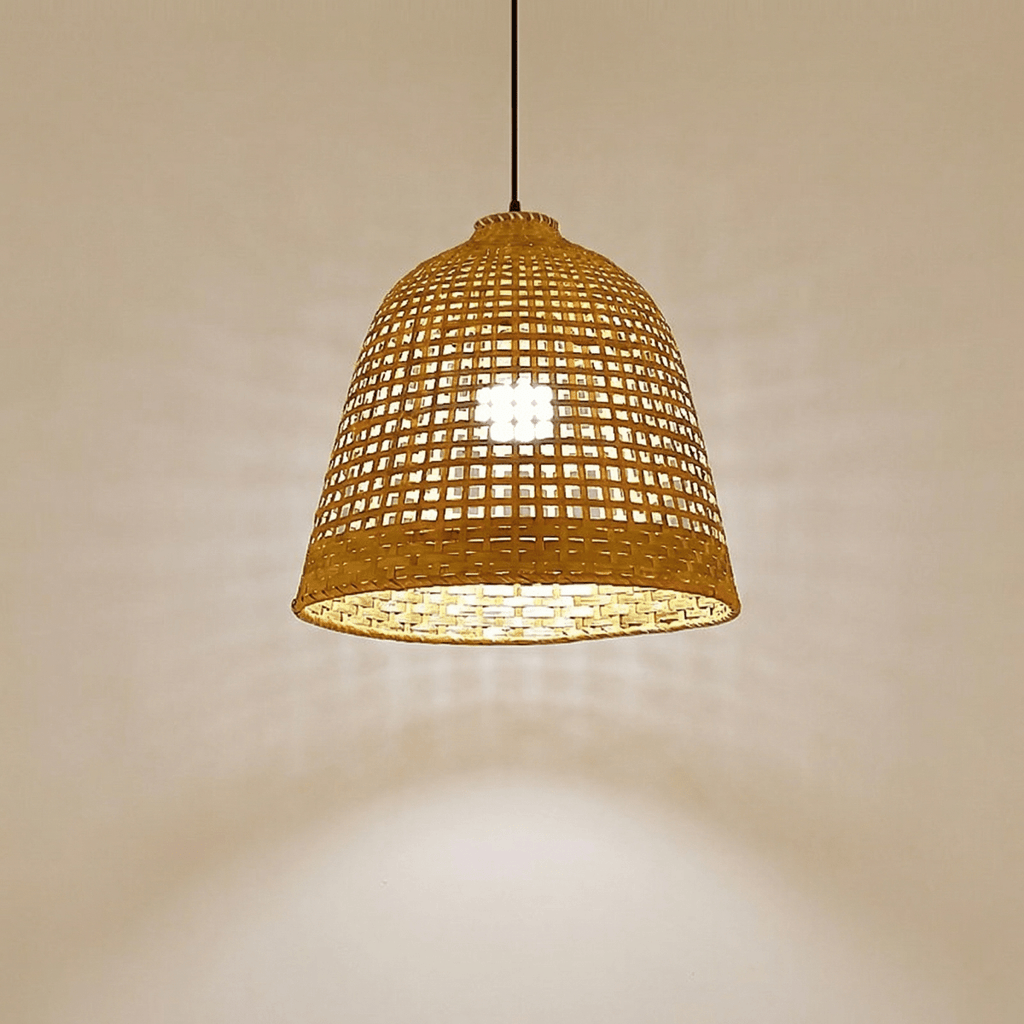 Bamboo Bell Pendant Light, Boho-Style Handwoven Shade, 40cm Ceiling Lamp