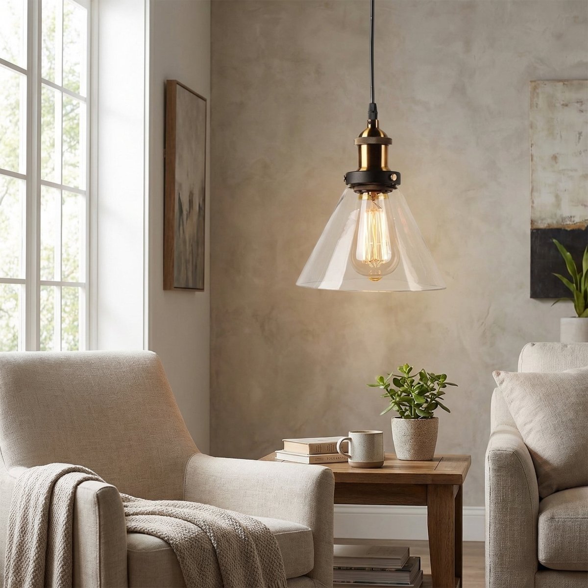 Clear Glass Pendant Light, Vintage Metal Fixture, Industrial Loft Style