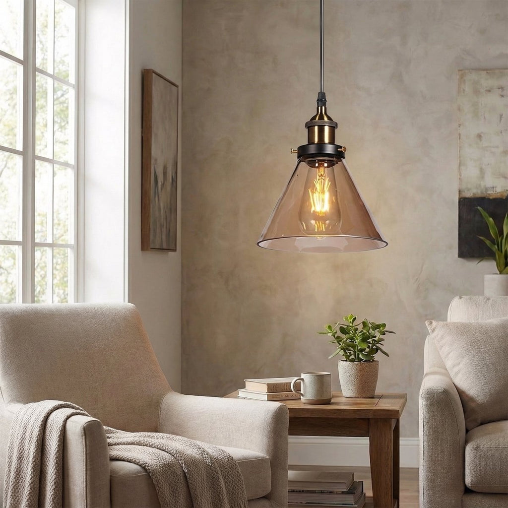Clear Glass Pendant Light, Vintage Metal Fixture, Industrial Loft Style
