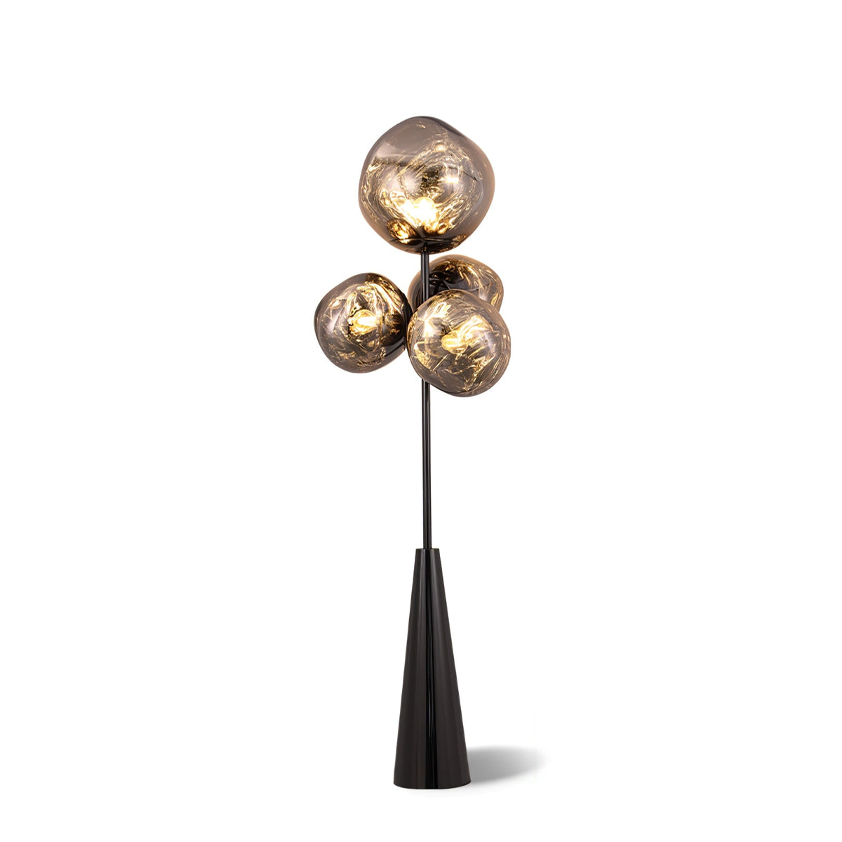 Another plain white studio shot of this lit Clérachic floor lamp, angled slightly to show the depth of its clustered glass globes.