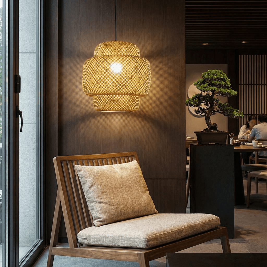 Handwoven Bamboo Pendant, Layered Lantern Shade With Ambient Glow