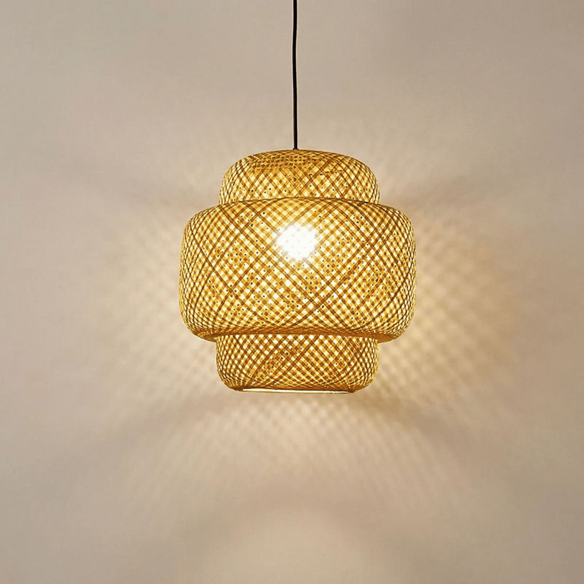 Handwoven Bamboo Pendant, Layered Lantern Shade With Ambient Glow