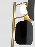 Another close-up of the Clérachic floor lamp's frame joint, the opal glass globe and black panel seen from a different angle.