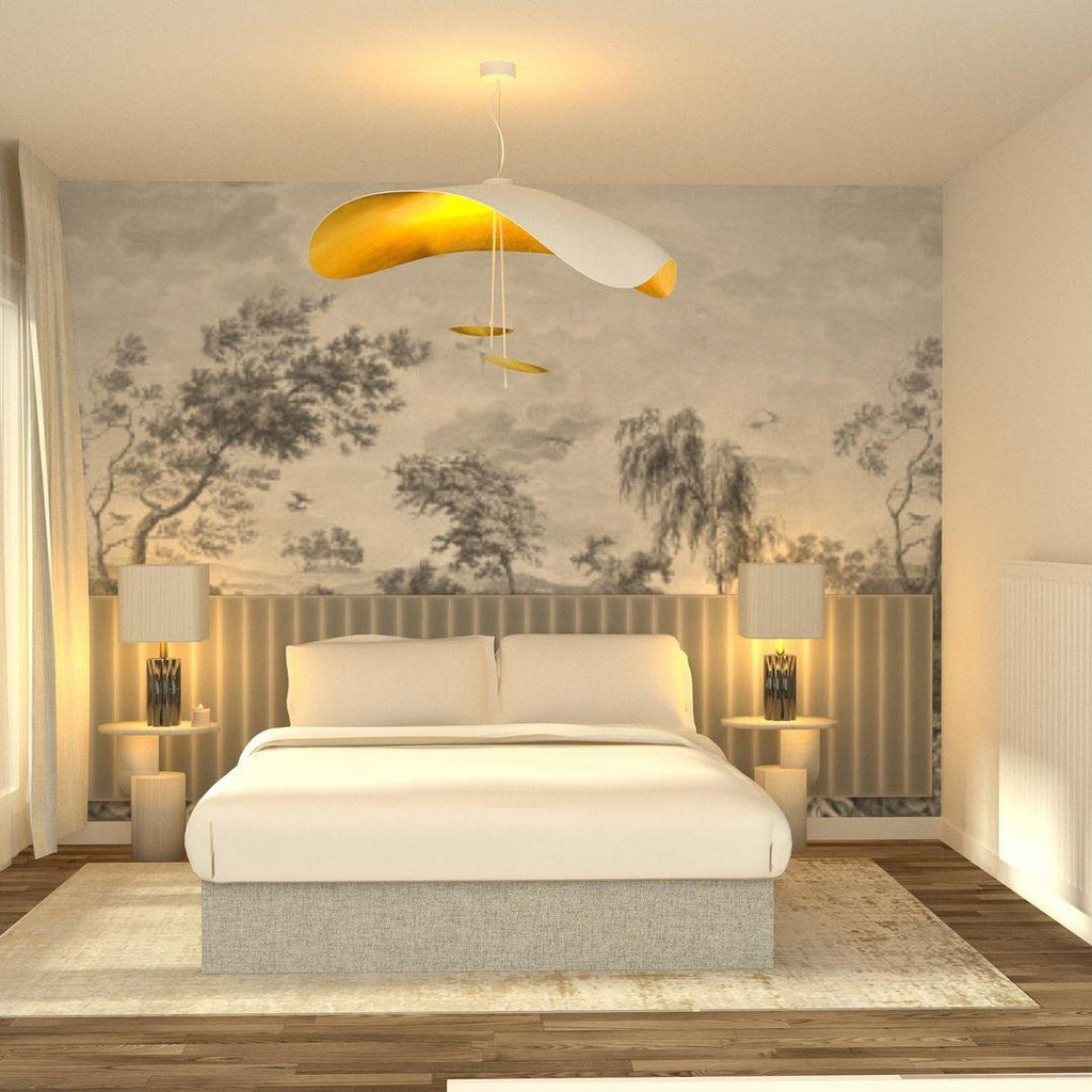 Disc pendant light wall-mounted beside a staircase