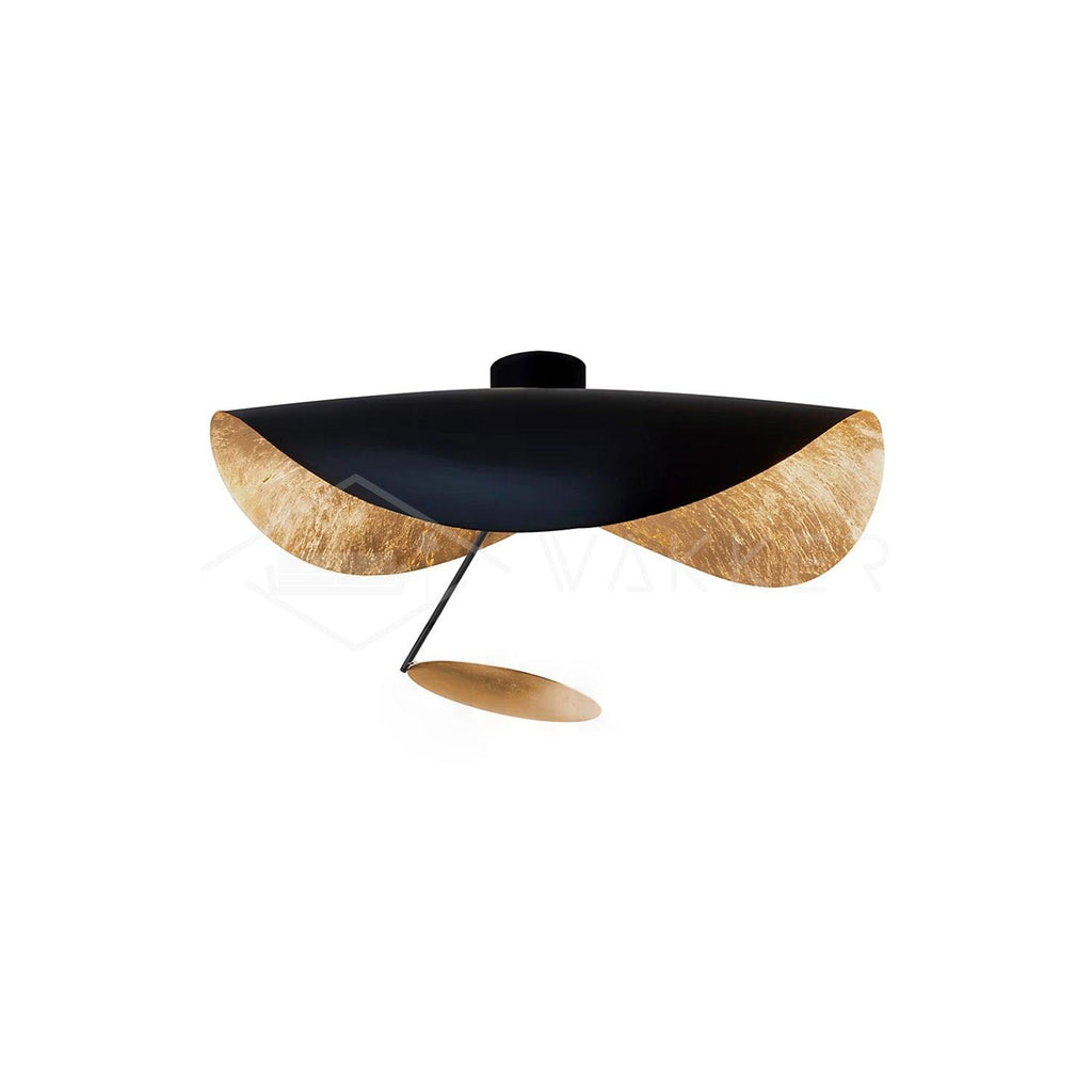 Black and gold curved disc ceiling light, side view