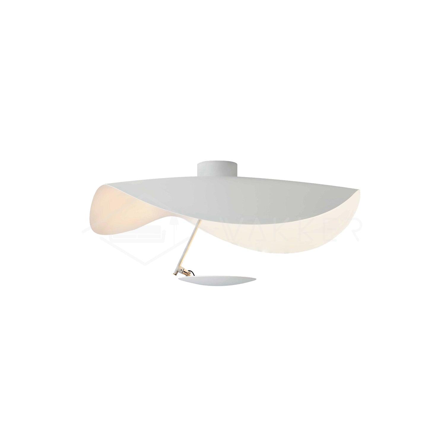 White curved disc ceiling light on a slender rod