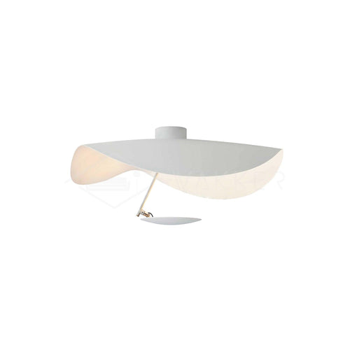 White curved disc ceiling light on a slender rod