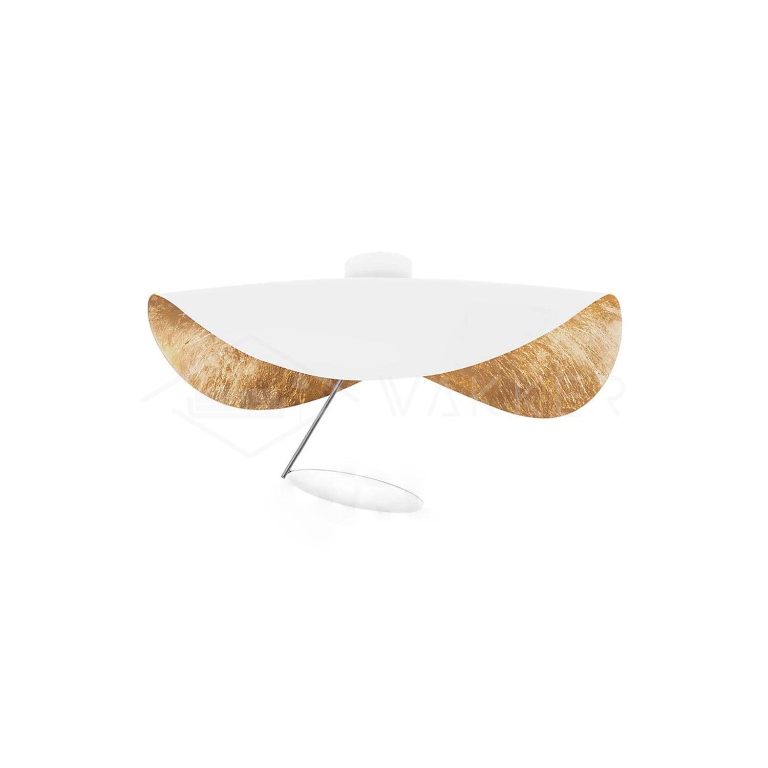 White and gold curved disc ceiling light, side view