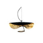 Black and gold curved disc pendant light shown isolated