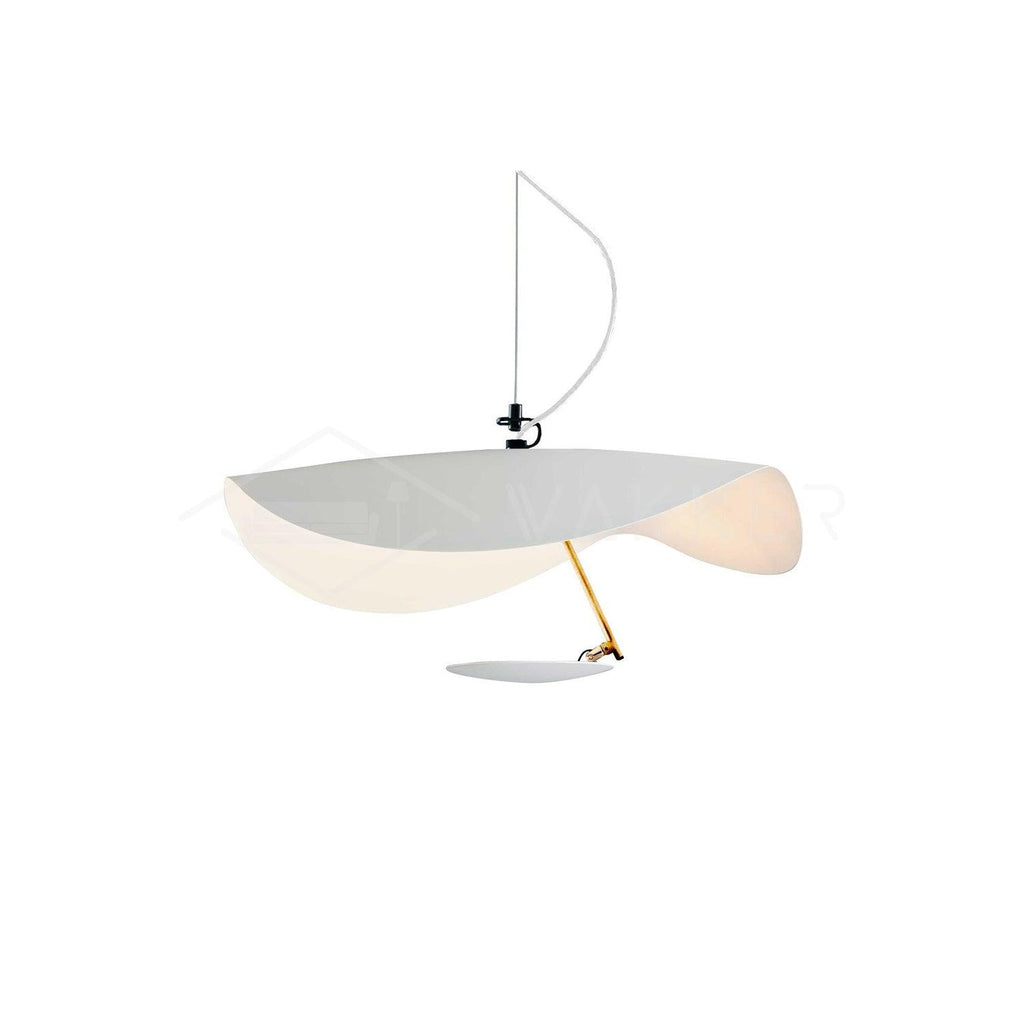 White curved disc pendant light shown against a plain backdrop