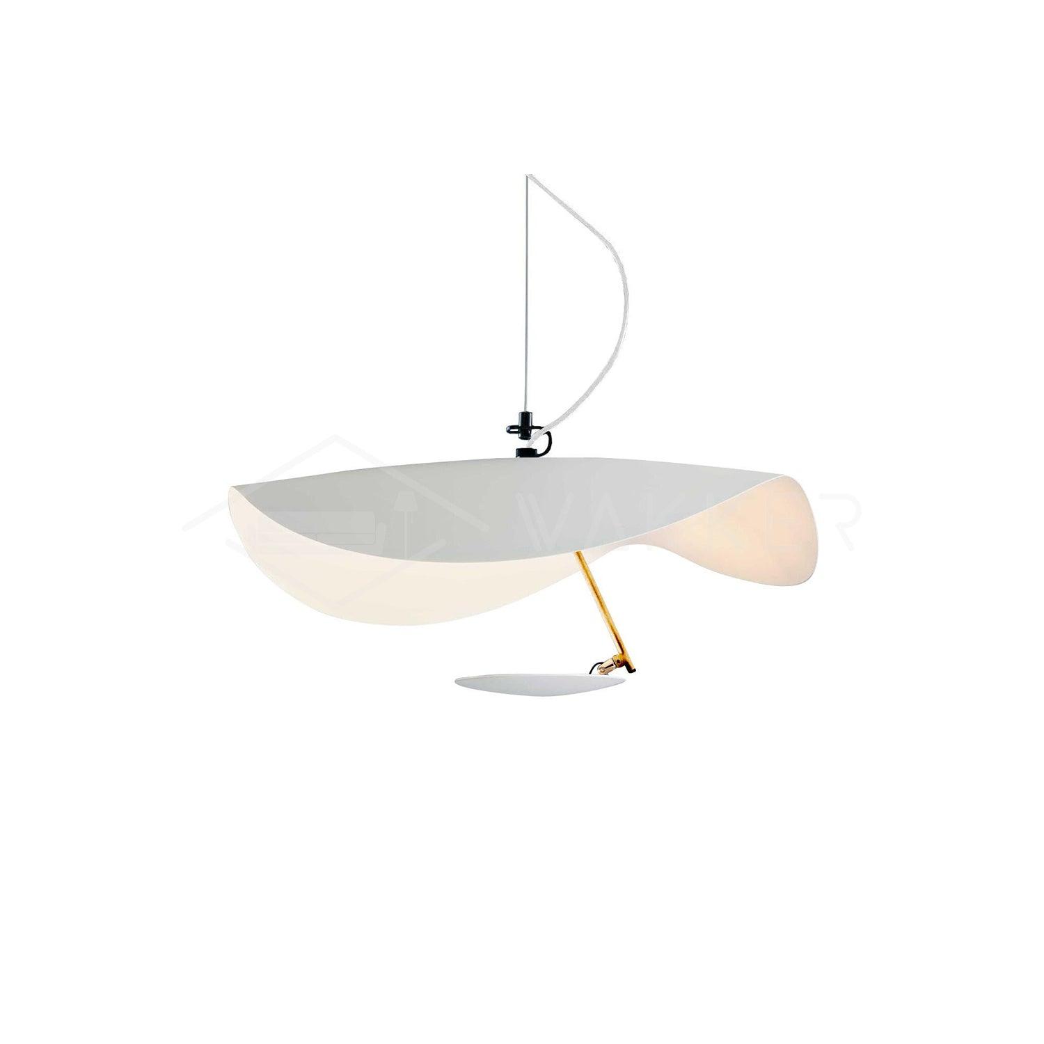 White curved disc pendant light shown against a plain backdrop