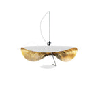 White and gold curved disc pendant light on a slim rod