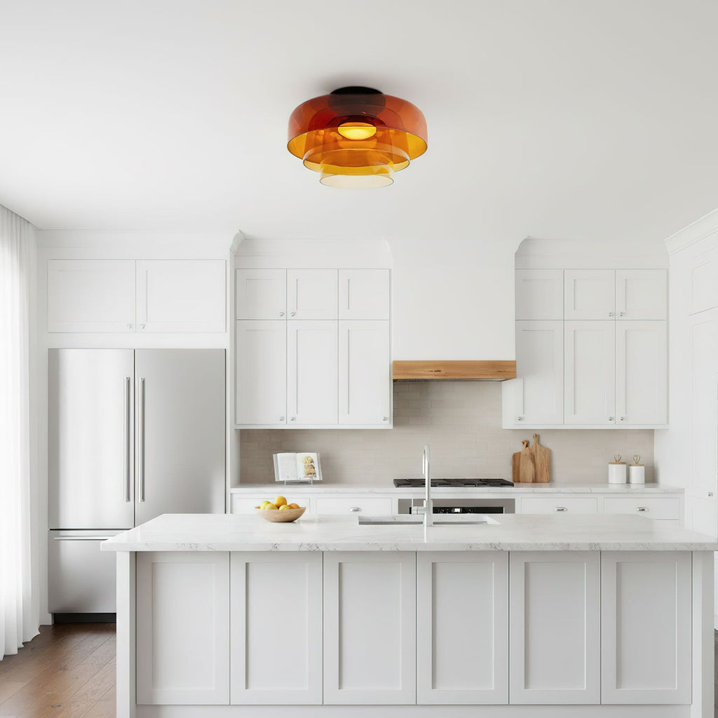 Stacked tinted glass ceiling light diffusing soft balanced light