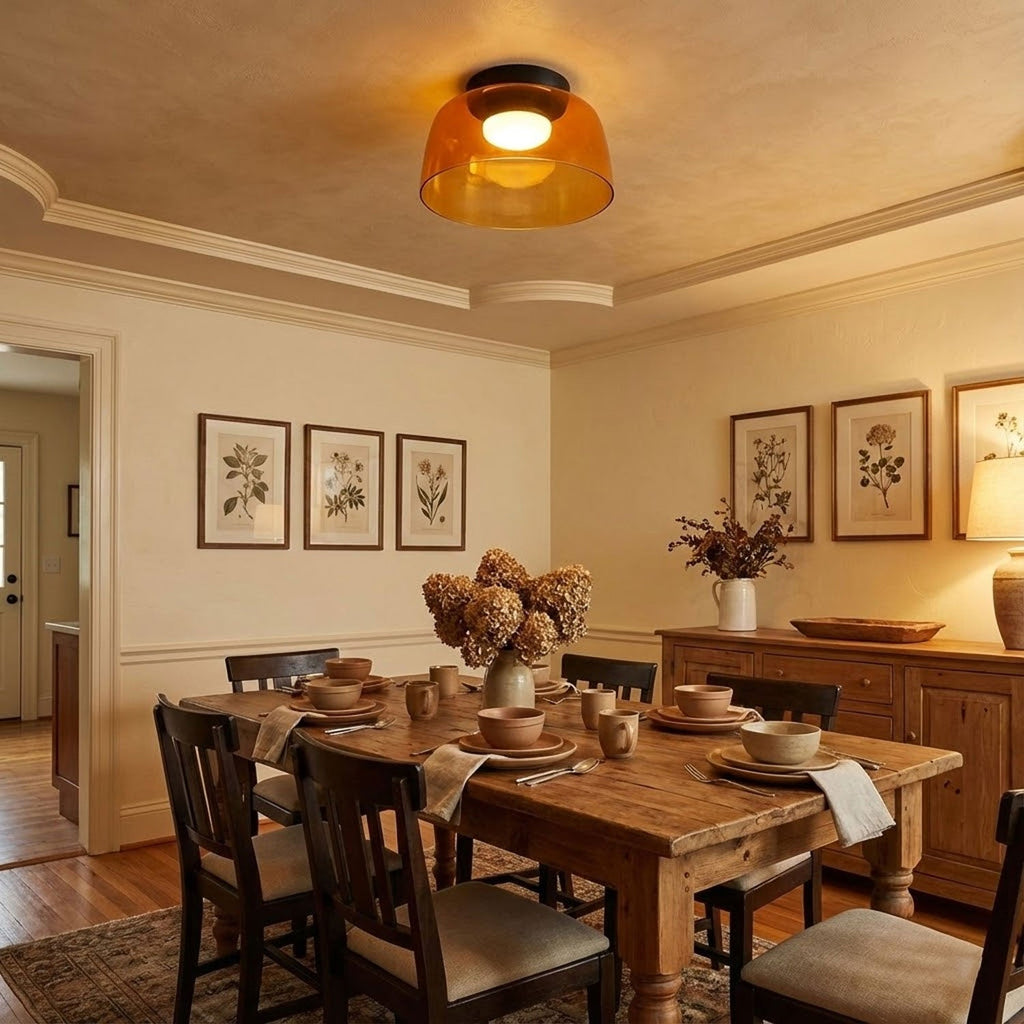Layered glass ceiling light casting a calm even glow indoors