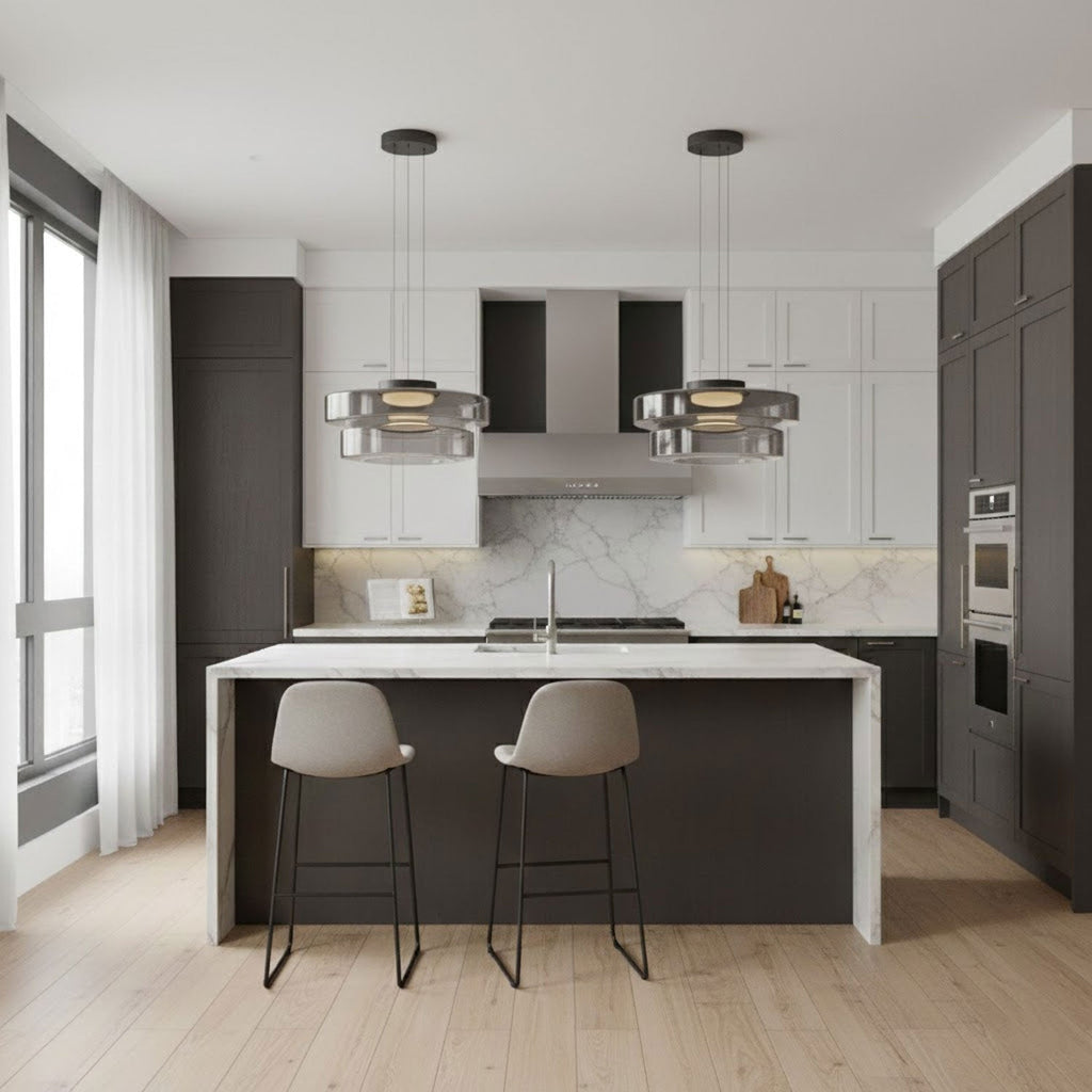 Glass-disc pendant light with integrated LED and warm white glow
