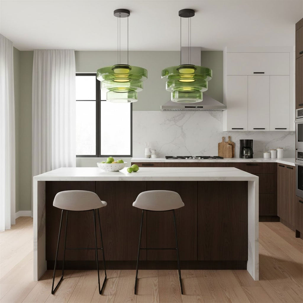 Stacked glass-disc pendant light suspended from a black ceiling canopy