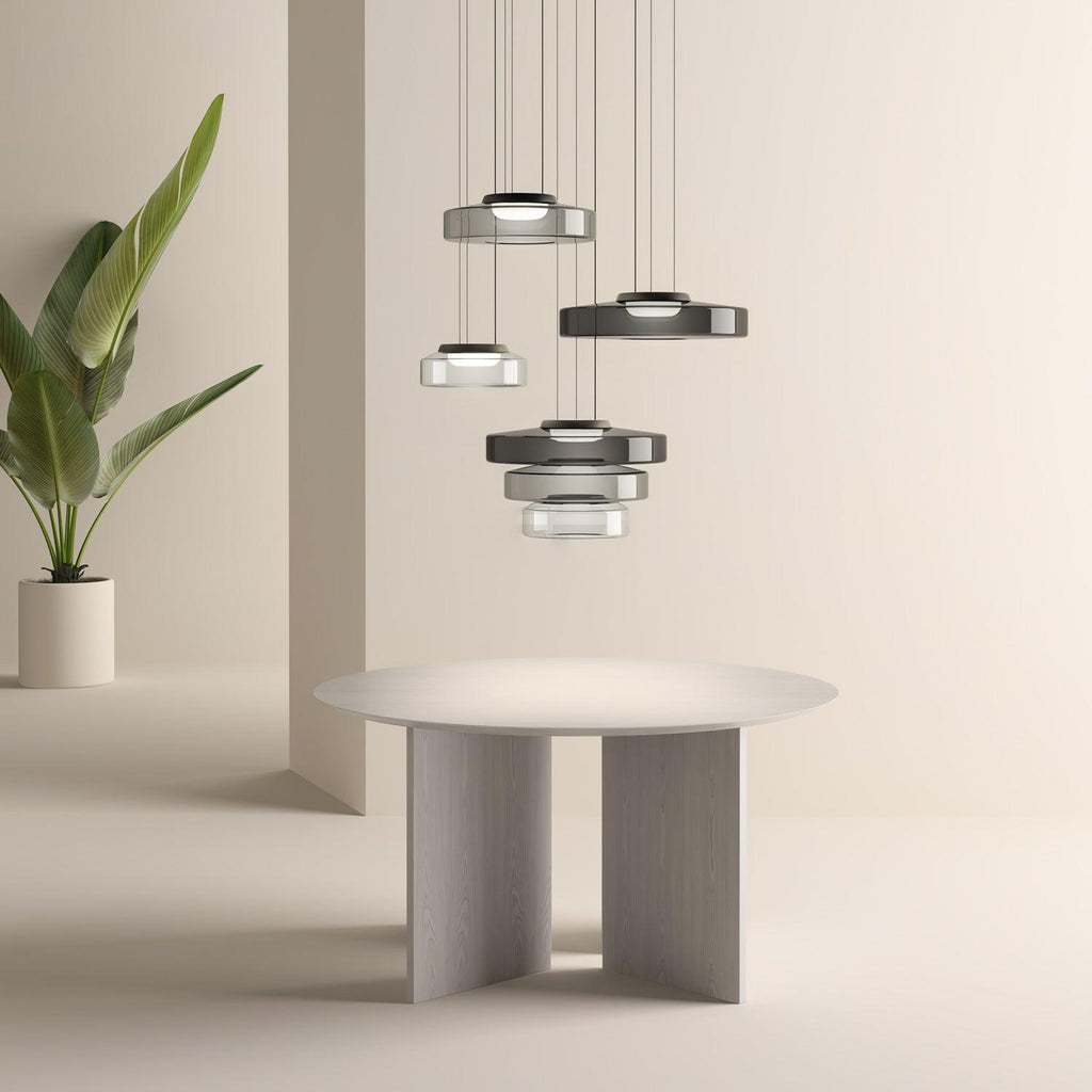 Layered glass pendant light with warm dimmable LED source