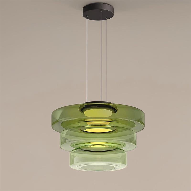Smoke grey glass pendant light with black metal body and warm LED