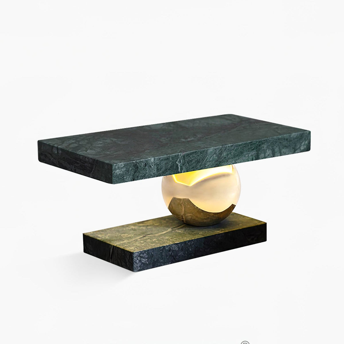 Shot straight-on, the Clérachic green marble lamp glows on plain white to show its full silhouette.