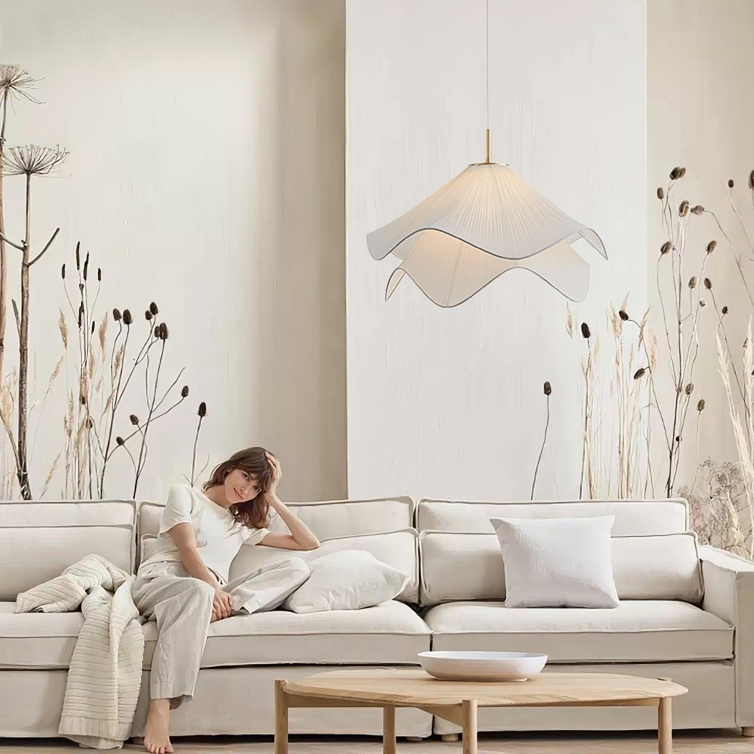 Ethereal Bloom pendant light interior view of the blooming white fabric shade