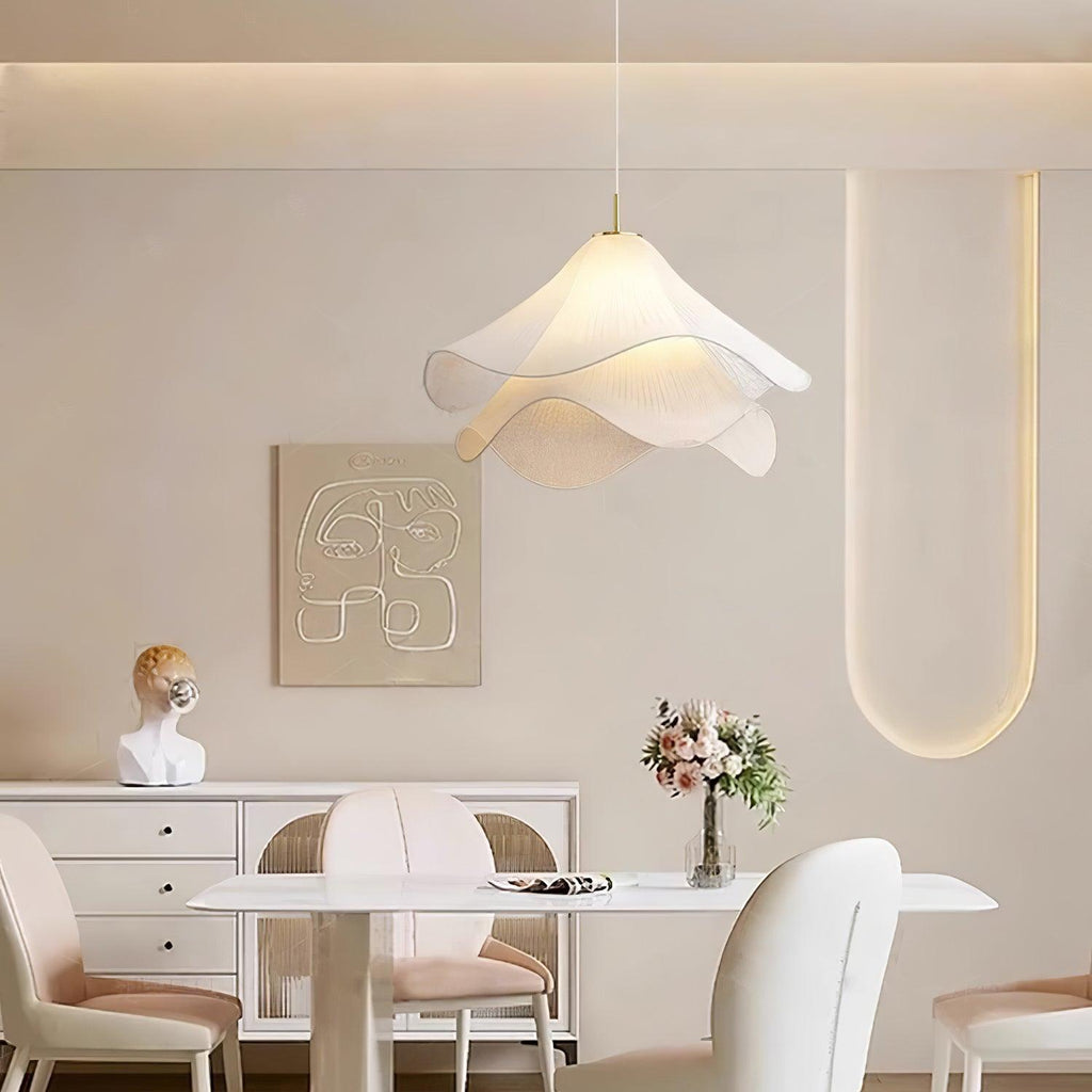 Ethereal Bloom pendant light room scene highlighting the gold canopy