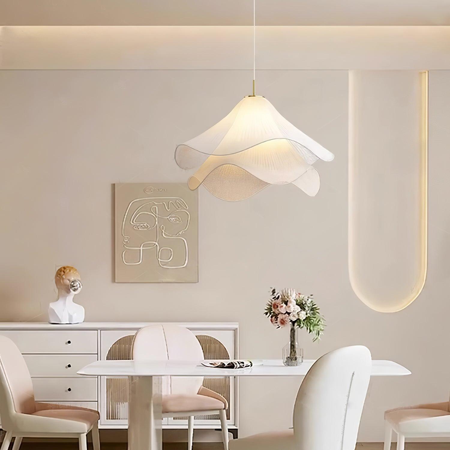 Ethereal Bloom pendant light room scene highlighting the gold canopy