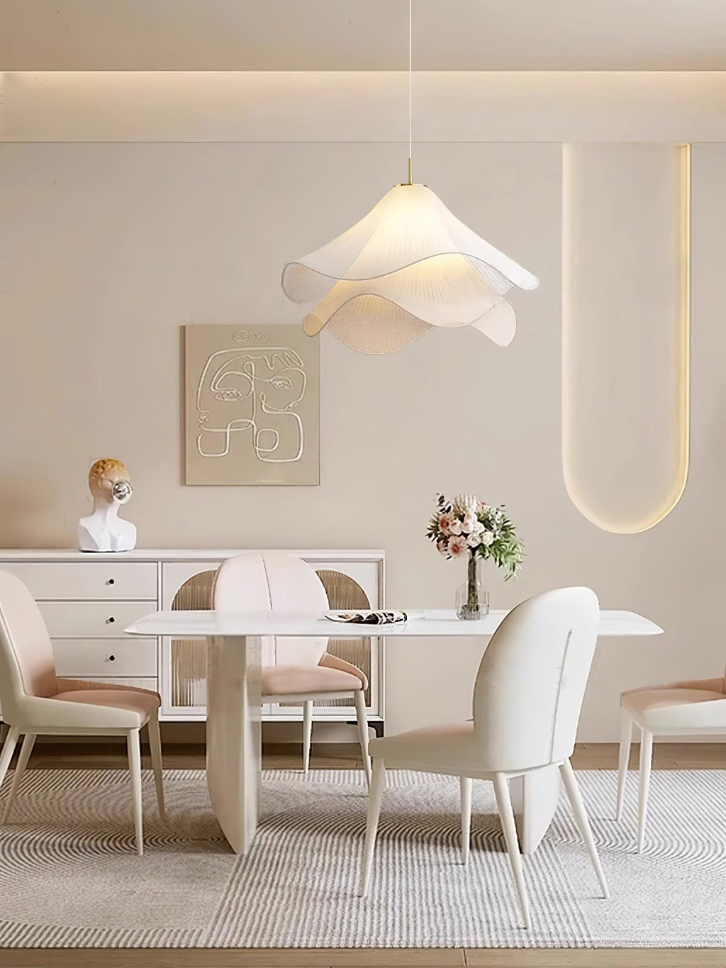Ethereal Bloom pendant light close lifestyle view of the white pleated shade