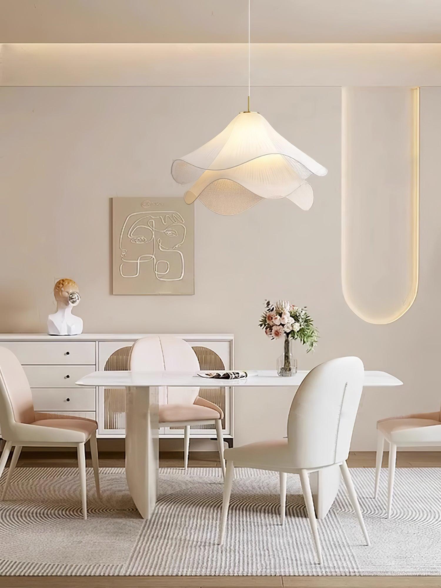 Ethereal Bloom plug-in pendant light room scene with the white bloom shade overhead