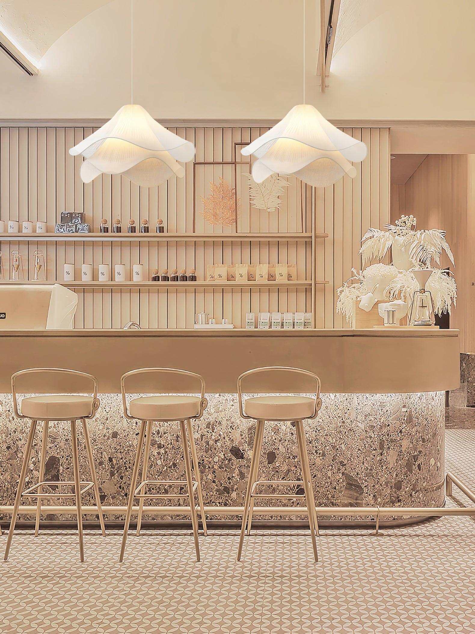 Ethereal Bloom plug-in pendant light interior view of the blooming white fabric shade